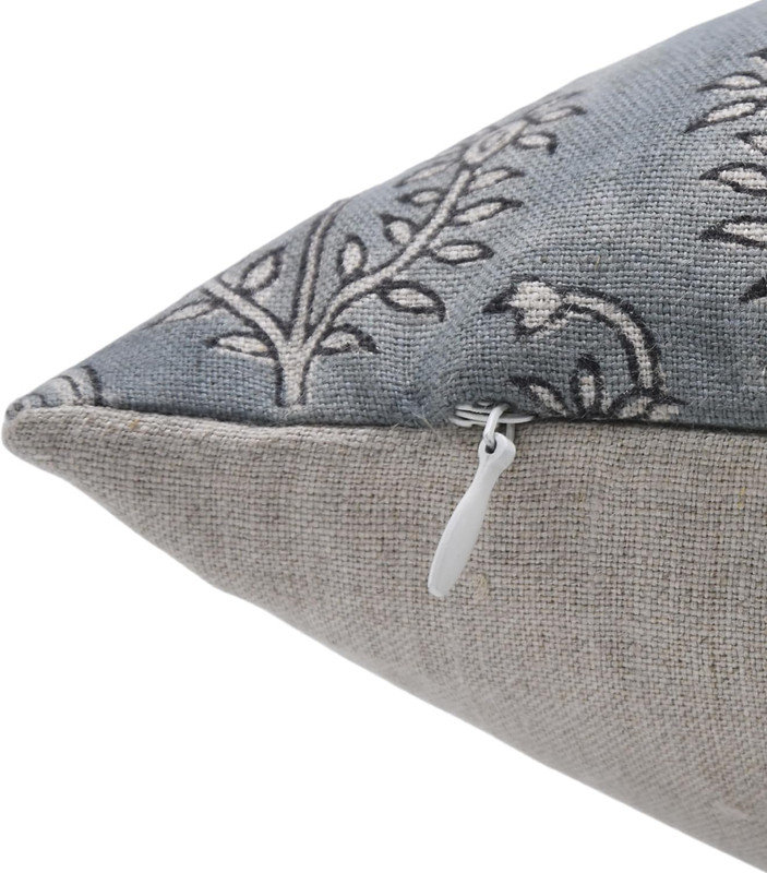 Handmade Light Gray Linen Block Print Throw Pillow Cover, 14x14