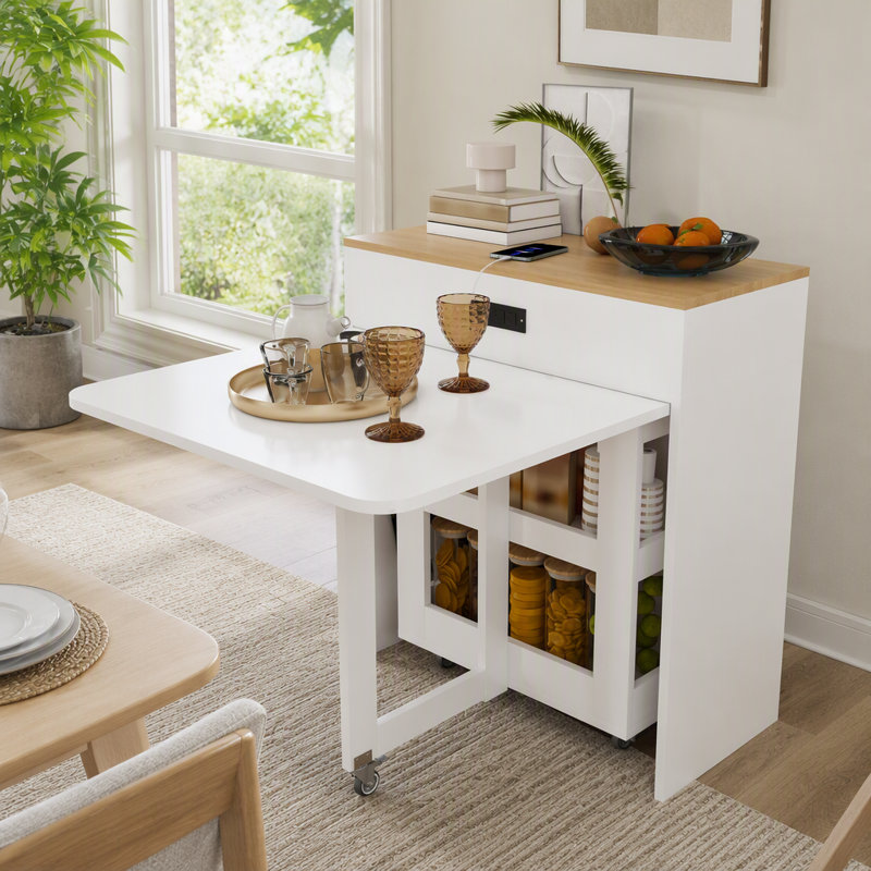 Table de salle à manger extensible de 188 cm (74 pouces), équipée d'une prise électrique, de roulettes verrouillables et d'un petit meuble de rangement, avec un îlot de cuisine coulissant et une surface en imitation marbre.