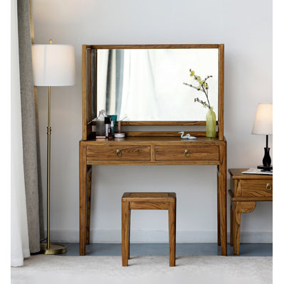 Reclaimed Elm Wood Vanity Table Set With Large Mirror