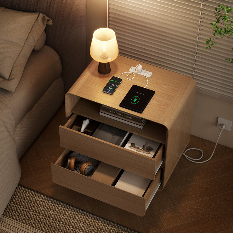 Table de chevet avec tablette ouverte et 2 tiroirs Angela, ensemble de table de chevet avec station de charge, l 23,7 po x P 15,8 po x H 25 po