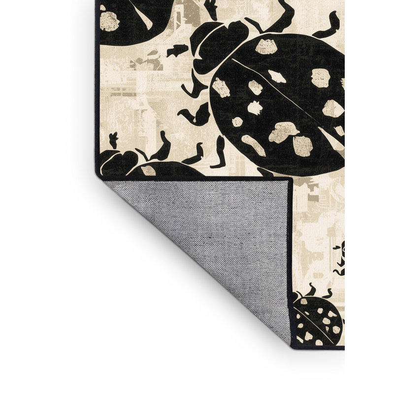 Machine Washable Osazee Ladybug Global Inspired Block Print Rug in Beige – Black Binding, 8 x 12