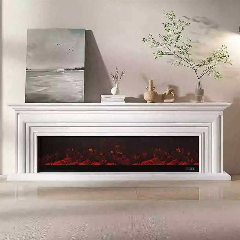 Simulated Electronic Fireplace TV Decorative Stand, 86.61", Ivory
