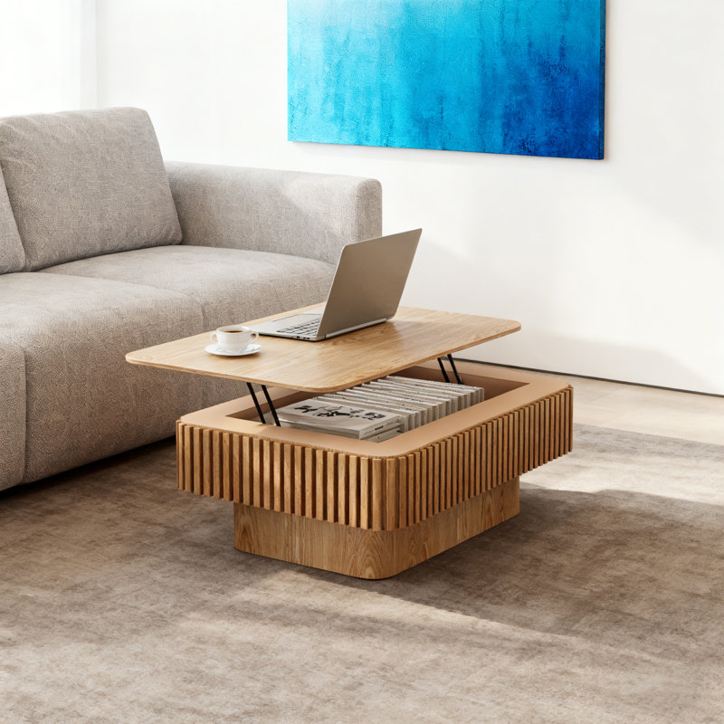 Table basse 38,6 po à plateau relevable cannelé en bois massif avec placage en bois massif, table basse moderne avec rangement et hauteur réglable pour le salon, la chambre à coucher, un appartement ou un bureau, en bois naturel