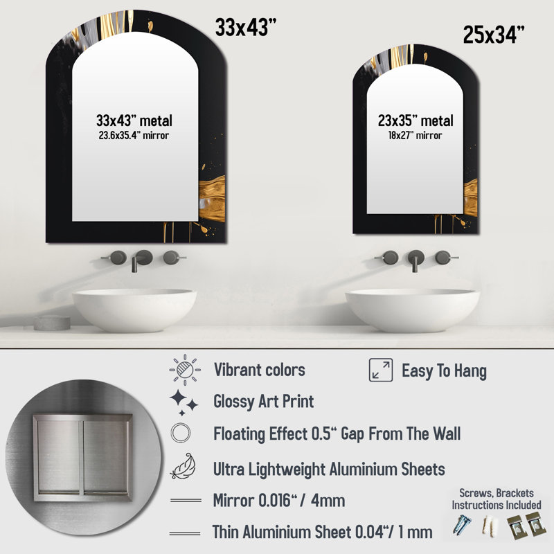 Gold And Black Marble Medley I - Marble Asymmetrical Mirror, Gold Arch Unique Wall Mirror, Printed Metal Art, 34" x 25"