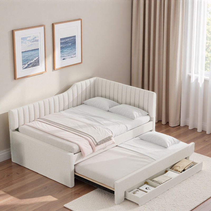 Upholstered Daybed With Trundle, Three Drawers And Vertical Striped Design, Beige