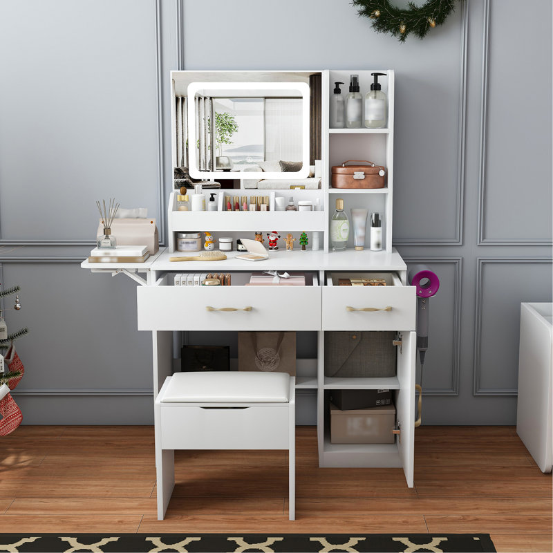 Makeup Table With Professional Led Mirror, Power Outlet, 3 Drawers, 7 Shelves And Storage Stool - White, Expandable Countertop, Build Smart Storage, Adjustable Lighting, Modern Design