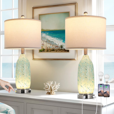 26" Coastal Glass USB Table Lamps with Touch Control & Night Light
