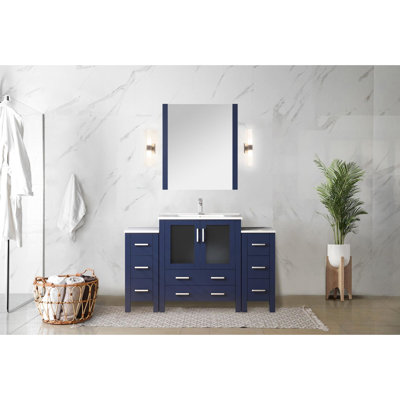 54 In. W Navy Blue Bath Vanity With Stainless Steel Single - Hole Faucet, Stain Ceramic Top, And 28 Mirror Bathroom Featuring White H Wall Hung