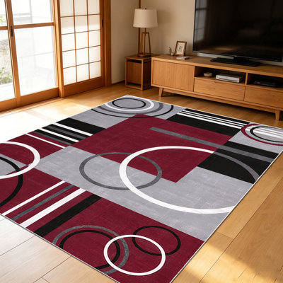 1PC Burgundy Grey Black Modern Geometric Circle Striped Pattern area rugs for Living Room, Soft and Comfortable, Suitable for all seasons, easy-to-maintain, machine washable Indoor floor mat, Under Table Farmhouse suitable for dining room, bedroom,