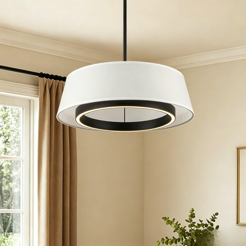 Modern LED Drum Pendant Light with Soft Fabric Shade and Adjustable Height