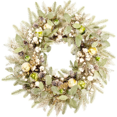 Couronne de Noël - Or et vert - Aiguilles de pin artificielles, pommes de pin, baies blanches et dorées, décorations de fêtes intérieures et extérieures