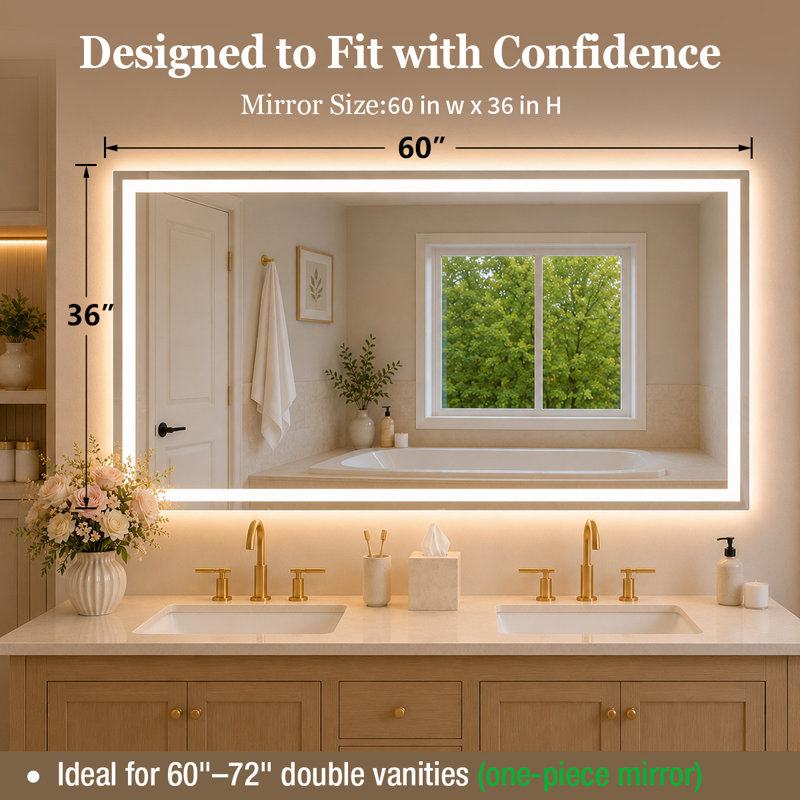 Miroir de salle de bain mural en cristal poli à lumière DEL sans brouillard TMMV l 60 po x H 36 po, L 60 po x H 36 po