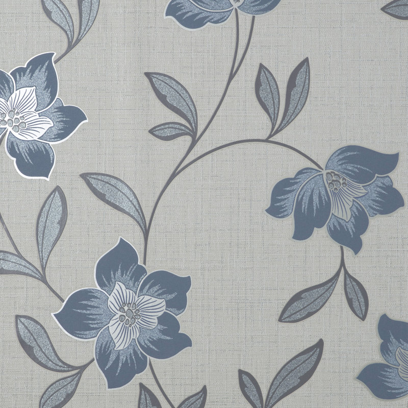 Larson Floral Navy Silver Wallpaper