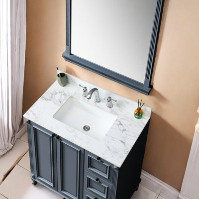 White Sintered Stone Bathroom Sink Top - 37"x22" With Rectangular Undermount Ceramic And 3 Faucet Holes For Dreamy Vanity White, Sink, Stain-, Classic Look