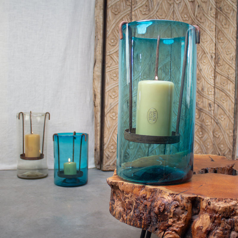 Hurricane. Glass Hurricane Candelabra with Removable Candle Stand, Aqua, 16" H x 8" W x 8" D