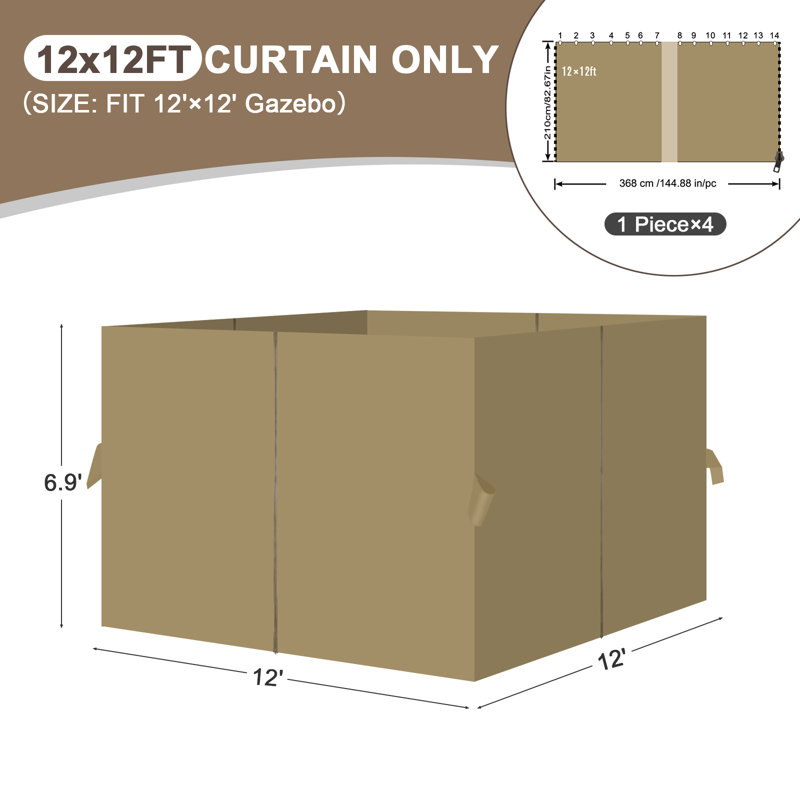 Aoodor Replacement 4-Panel Gazebo Sidewall Curtains, Khaki, 82.7" H x 144" W x 144" D