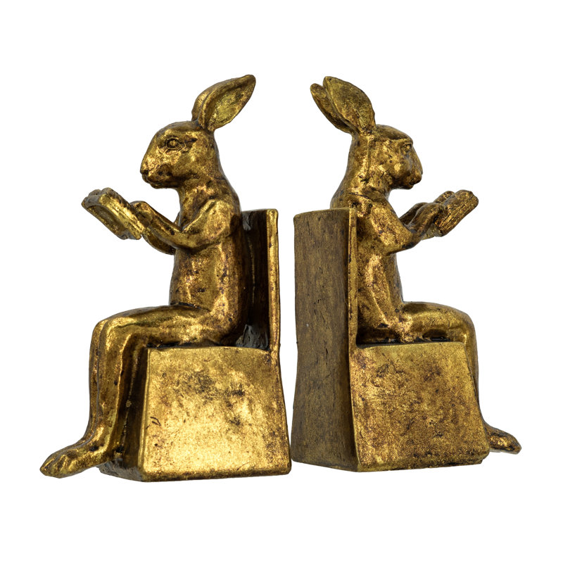 4x3x7" S/2 Sitting Rabbit Bookends With Antique Gold Finish