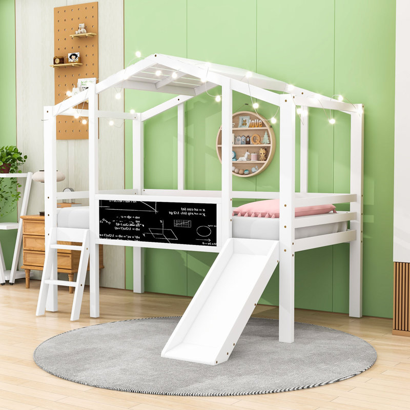Twin Wood Loft Bed With Light Strip, Slide And Blackboard, White