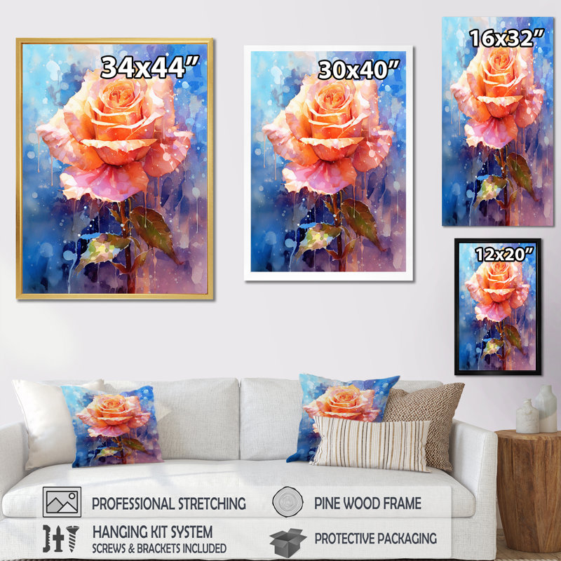 Rose pêche - rêverie II - imprimé, Cadre flottant noir, H 40 po x l 30 po x P 1,5 po