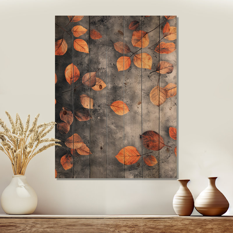 Feuilles d'automne orange I - décoration murale en bois de feuilles - sur bois de pin naturel, H 44 po x l 34 po x P 0,78 po