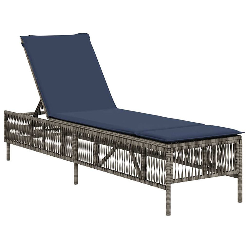  Patio Sun Lounger Grey PE Rattan Large Multi-Position Backrest, Navy Blue, Gray