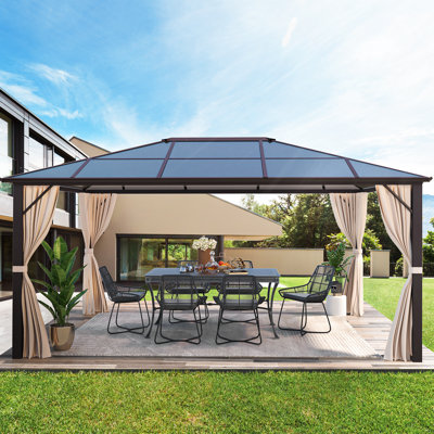 Serre L 10 pi. D Pavillon de jardin à toit rigide, pavillon permanent à structure en aluminium avec rideaux et moustiquaire, auvent extérieur en polycarbonate double, conçu pour le jardin, les pelouses, le patio, brun