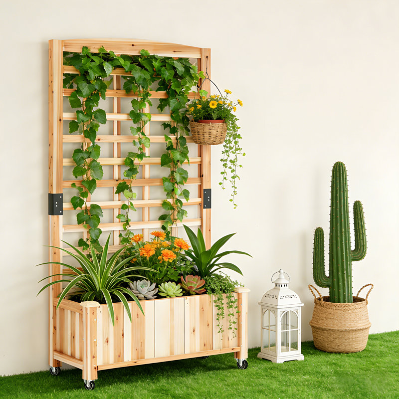 Boîte à fleurs en bois massif avec treillis et roues