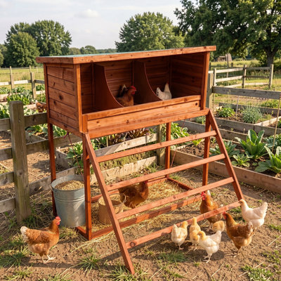 38" Wooden Chicken Nesting Box with Perch and Swing, 3-Compartment Chicken Coop Nest Box with Asphalt Roof, Fir Wood Laying Box for Hens, Ducks and Poultry, Cedar Orange