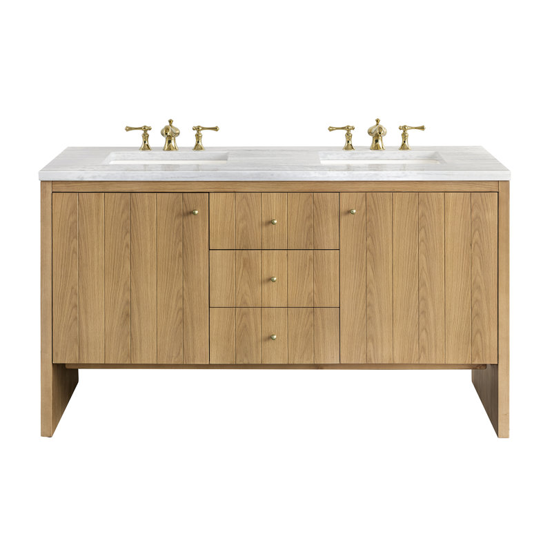 Hudson 60'' W Double Vanity, Charcoal Soapstone, 8" Widespread, Light Natural Oak