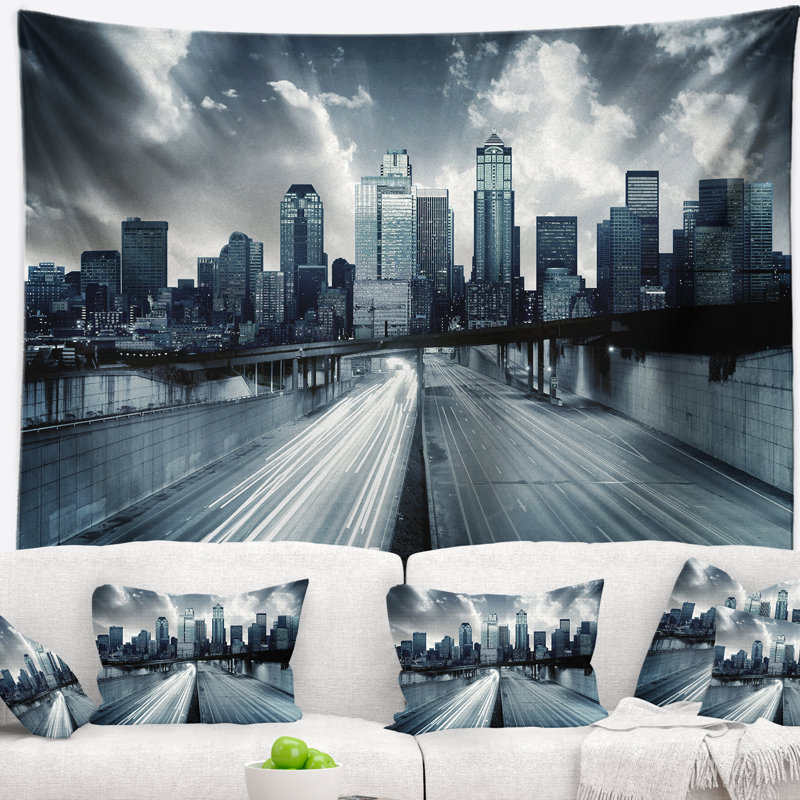 Tapisserie cityscape city avec teinte bleu, H 50 po x l 60 po