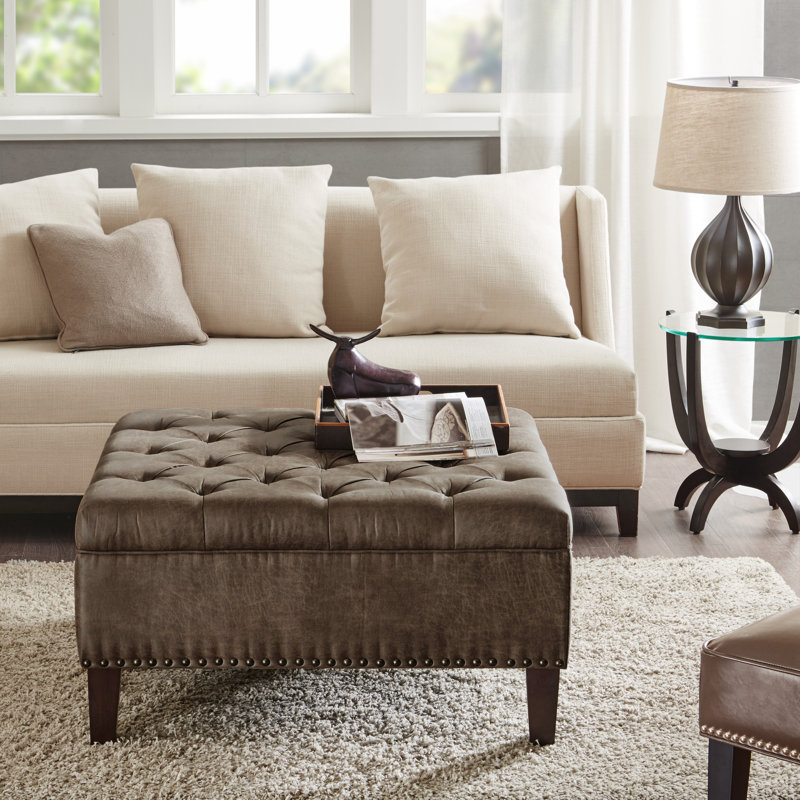 Lindsey 35.5" Wide Tufted Square Cocktail Ottoman, Brown, Faux Leather, Expresso