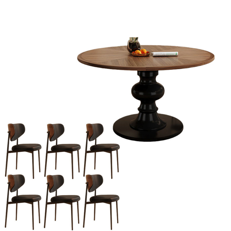 Table de salle à manger ronde française rétro, noyer durable, 7 pièces : table, 6 chaises, H 29,5 po x l 51,2 po x P 51,2 po