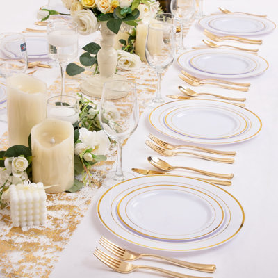 WELLIFE 250 PCS Gold Plastic Dinnerware Sets, Includes: 50 Gold Rim Dinner & Dessert Plates, 50 Plastic Silverware Set, Perfect Fancy Disposable Plates for Party and Wedding