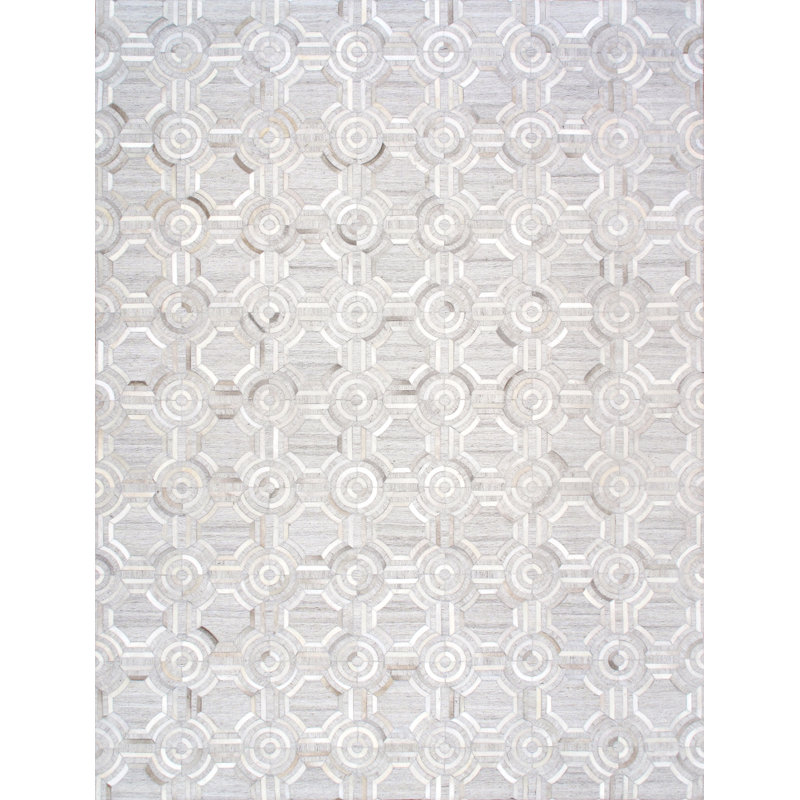 Handmade Geometric Gray Cowhide & Silk 5' x 8' Area Rug