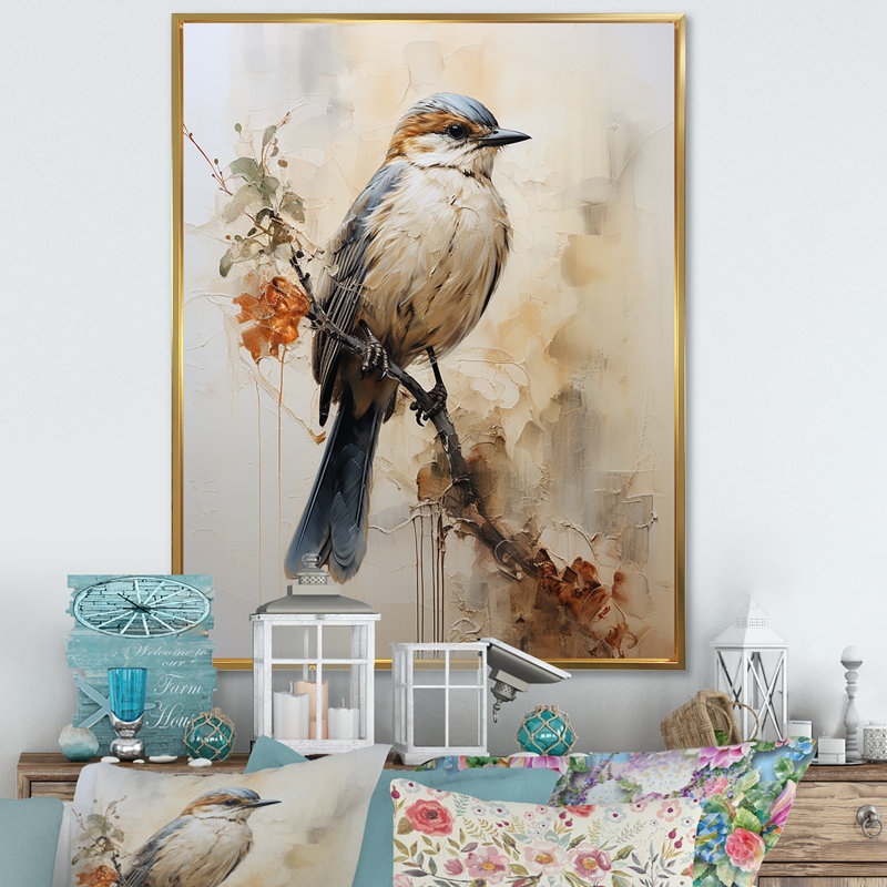 Minimalisme, oiseau beige sur une branche I - oiseau, reproduction sur toile, Cadre flottant doré