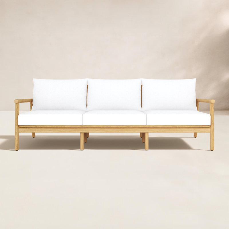 Maia 85" Teak Sofa, White Cushions, White