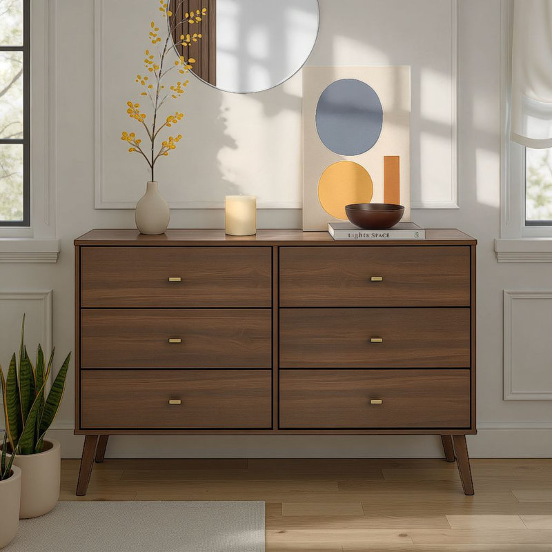 Commode double 6 tiroirs Breux pour chambre à coucher, commode large Mid-Century, Cerisier