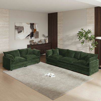 2-Piece Living Room Sofa Set with 3-Seater Sofa and 2-Seater Loveseat, Dark Green