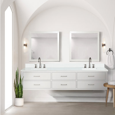 84 po L x P 22 po, meuble-lavabo blanc avec plateau en marbre de culture et robinet, le long de 36 miroirs doubles en blanc