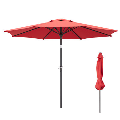 9' Outdoor Umbrella with Red Polyester Fabric, Patio Umbrella with Steel Ribs Market Table Umbrella with Push Button Tilt and Crank UV Protection Waterproof