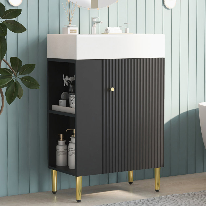 Meuble-lavabo de salle de bain avec lavabo en céramique, Noir, noir, noir, noir