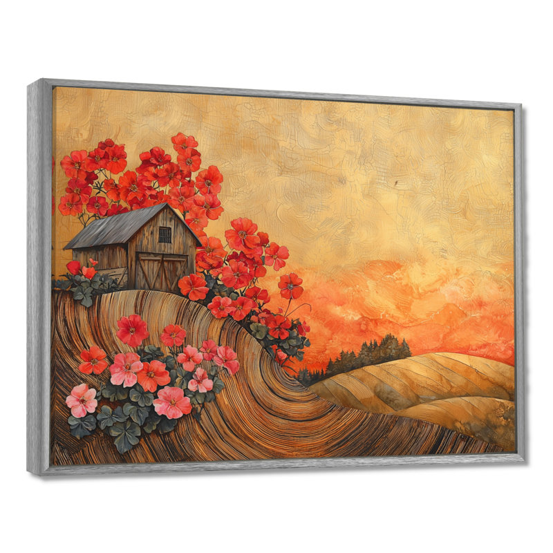 Fleurs de géraniums à la grange paysage I - décoration murale géraniums, H 24 po x l 32 po, Cadre flottant, Argent argent