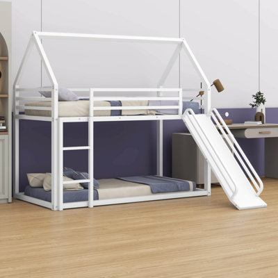 Twin Over Twin With Slide And Ladder, Metal Floor Bunk Bed Frame With Full-Length Safety Guardrail