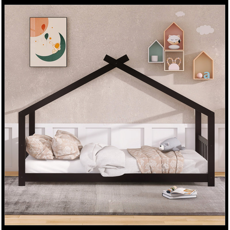 Twin Size House Bed with Sturdy Wood Frame, Playful Design for Kids Rooms, Durable and Imaginative Sleeping Solution, Walnut