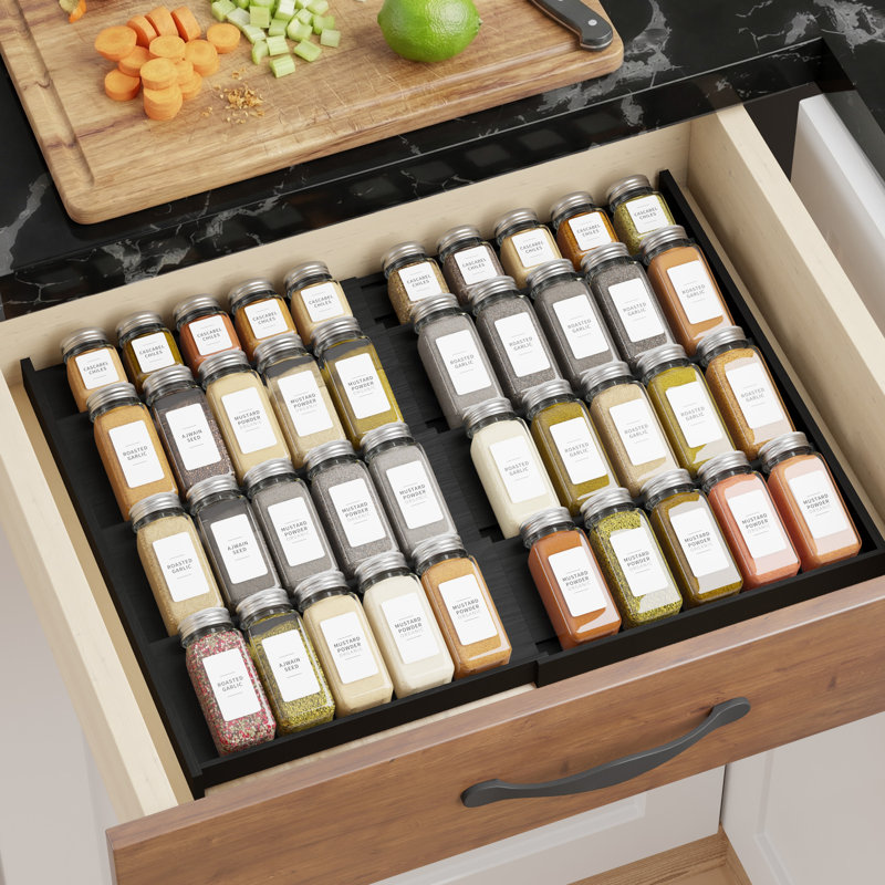 Organisateur de tiroir à épices en bambou, étagère à épices extensible à 4 niveaux pour armoires de cuisine, convient aux tiroirs profonds de 3 po, insert de rangement pour assaisonnements (pots non inclus)