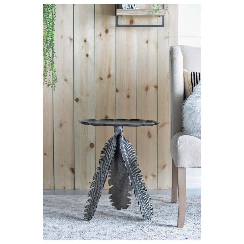 Table d'appoint à motif de feuilles en aluminium au fini antique argenté, 16,9 po x 16,9 po x 19,7 po