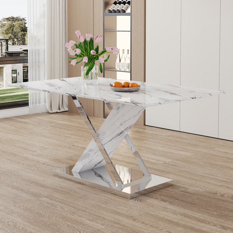 Table de salle à manger Altair pour 4-6 personnes avec plateau en verre trempé et pieds en acier inoxydable en forme de X