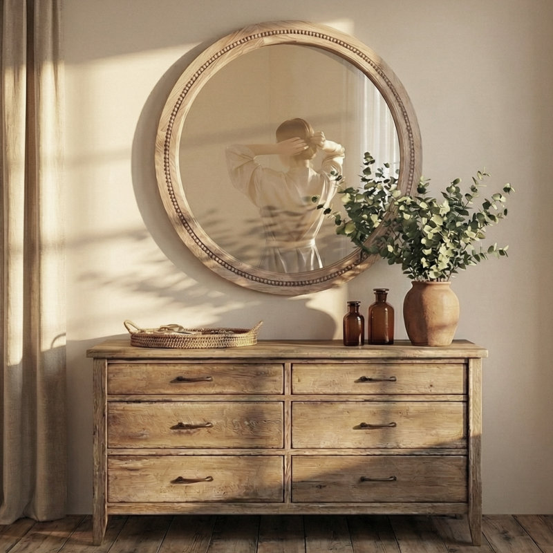 Miroir mural rond en bois massif, Bois naturel, 30 po x 30 po