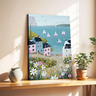 Colorful Coastal Seaside Village With Wildflowers And Sailboats Gallery Wrapped Canvas Wall Art Print For Living Room Bedroom