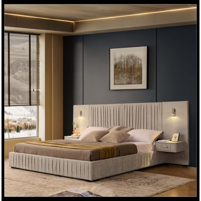 King Size Upholstered Bed Frame With Chenille Fabric With Pleated Design,Grounded King Size Platform Bed With Headboard And Solid Frame And The Bedside Table.No Box Spring Needed-Beige